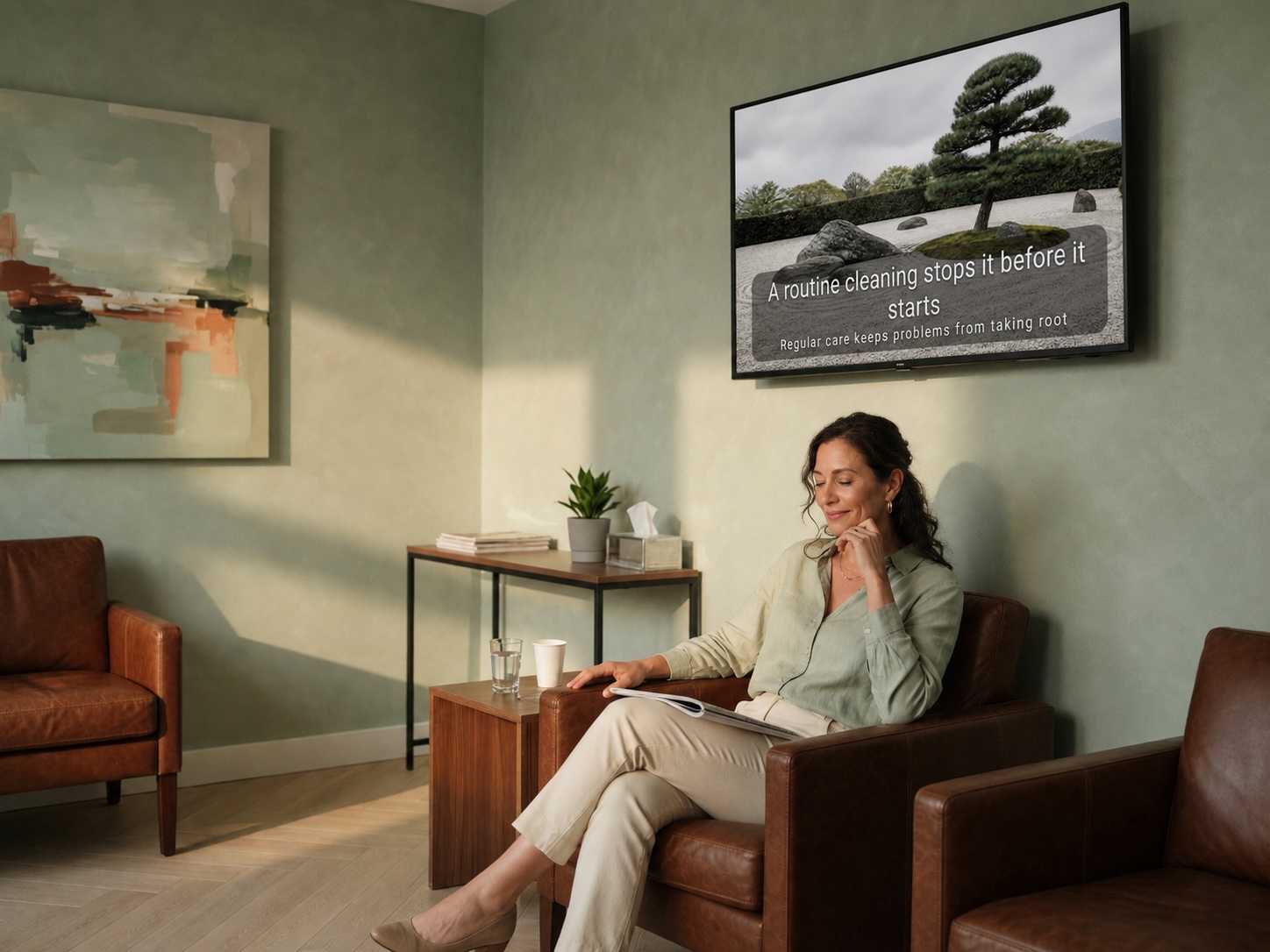 Relaxed patient in a sunlit waiting room