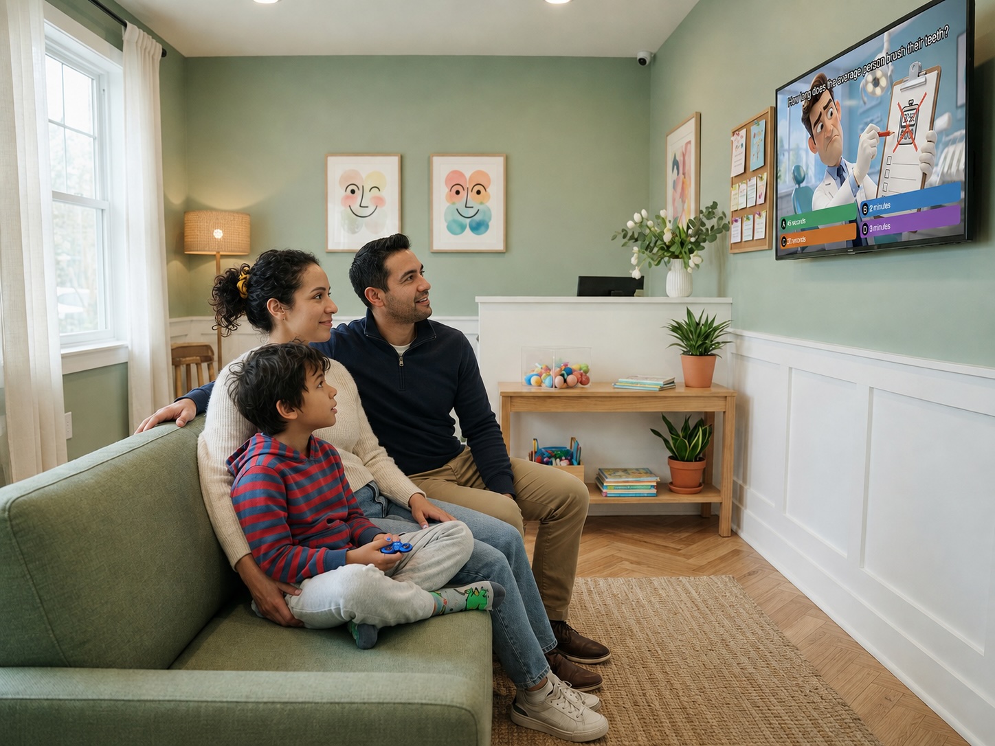Family watching educational content in a dental waiting room