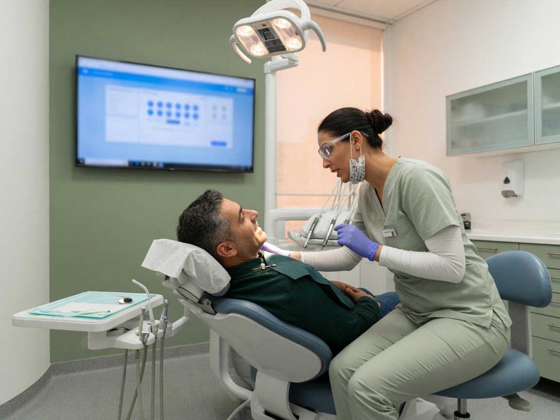 Hygienist speaking with a patient in the treatment chair