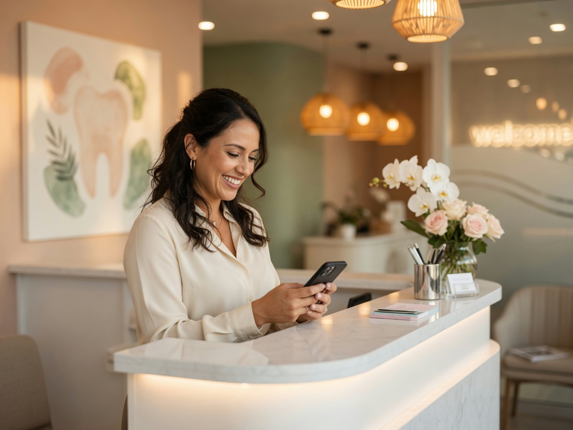 Happy patient at reception looking at her phone