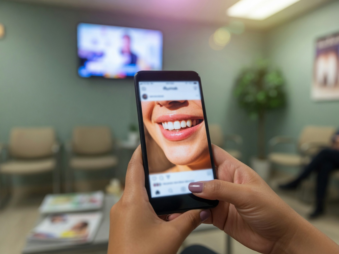 Smartphone showing a smile photo in a waiting room